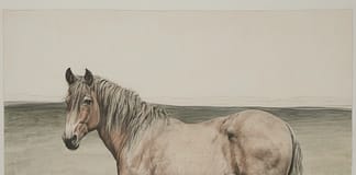 In the Gita, Arjuna says the mind is as hard to control as the wind Pen-and-ink etching of a wild horse standing still in an open field.