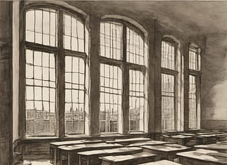 Why a Phone on the Table Makes the Whole Room Dumber An empty classroom of wooden desks, light through tall windows.
