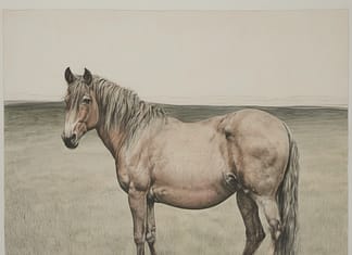 Pen-and-ink etching of a wild horse standing still in an open field.