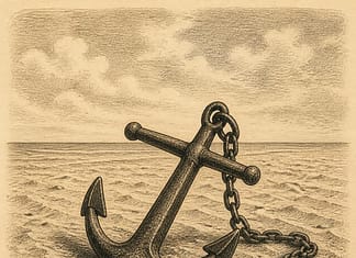 Yoga Sūtras 2.3 names five roots of suffering, not just one A single anchor resting alone on dry sand, pen-and-ink etching.