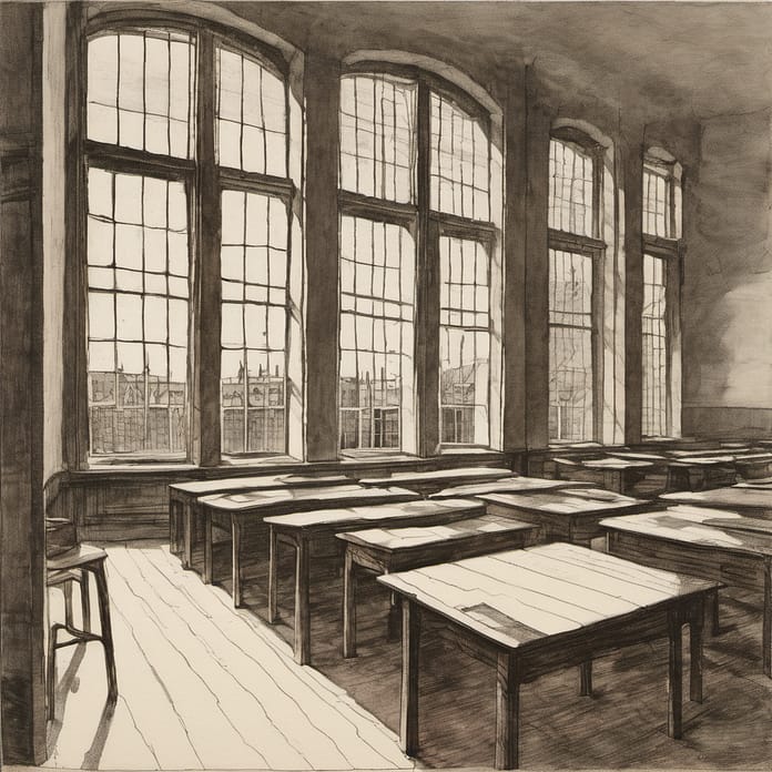 An empty classroom of wooden desks, light through tall windows. An empty classroom of wooden desks, light through tall windows.