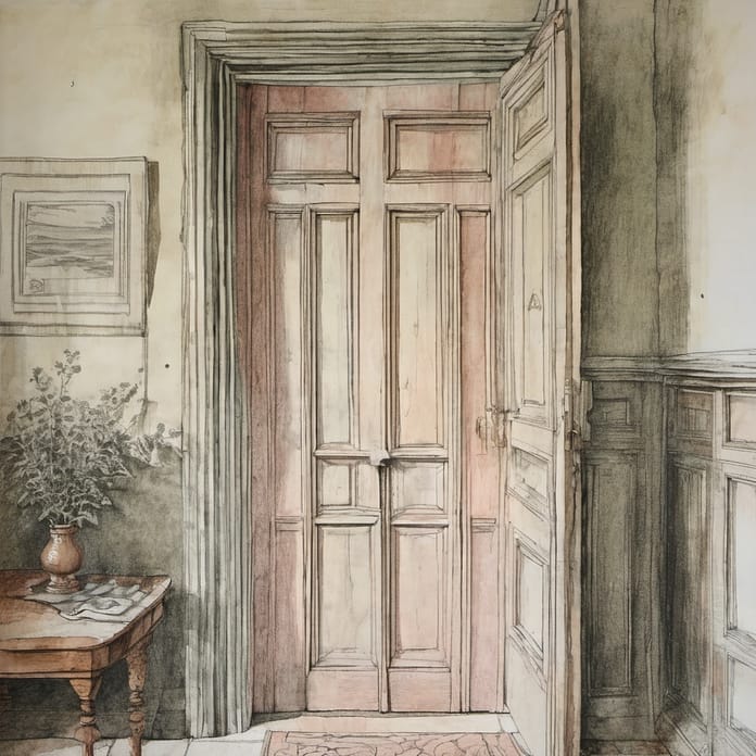 An open doorway, light falling through into an empty room. An open doorway, light falling through into an empty room.