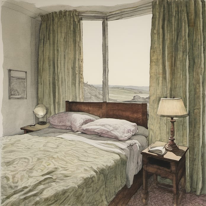 A bedside lamp beside an unmade bed, curtains half open to early morning light. A bedside lamp beside an unmade bed, curtains half open to early morning light.