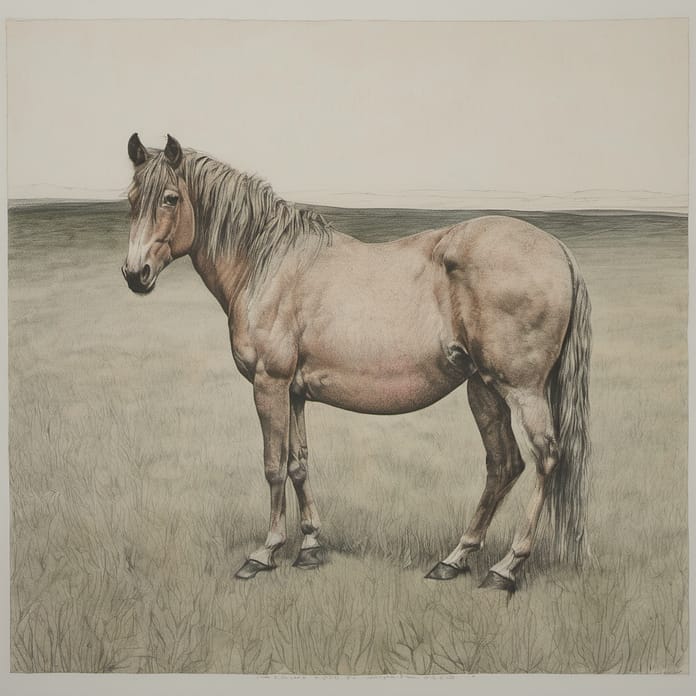Pen-and-ink etching of a wild horse standing still in an open field. Pen-and-ink etching of a wild horse standing still in an open field.