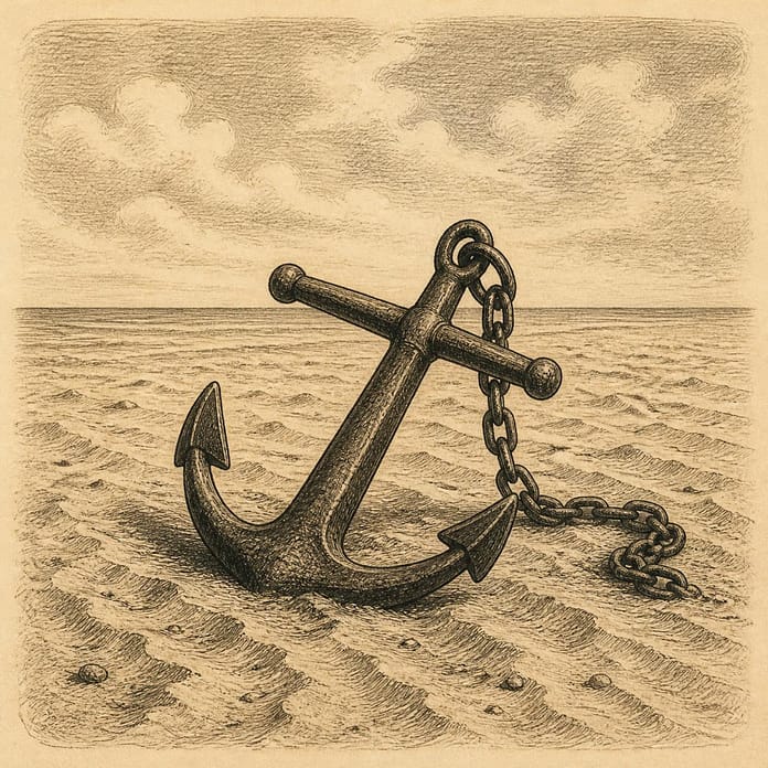 A single anchor resting alone on dry sand, pen-and-ink etching. A single anchor resting alone on dry sand, pen-and-ink etching.