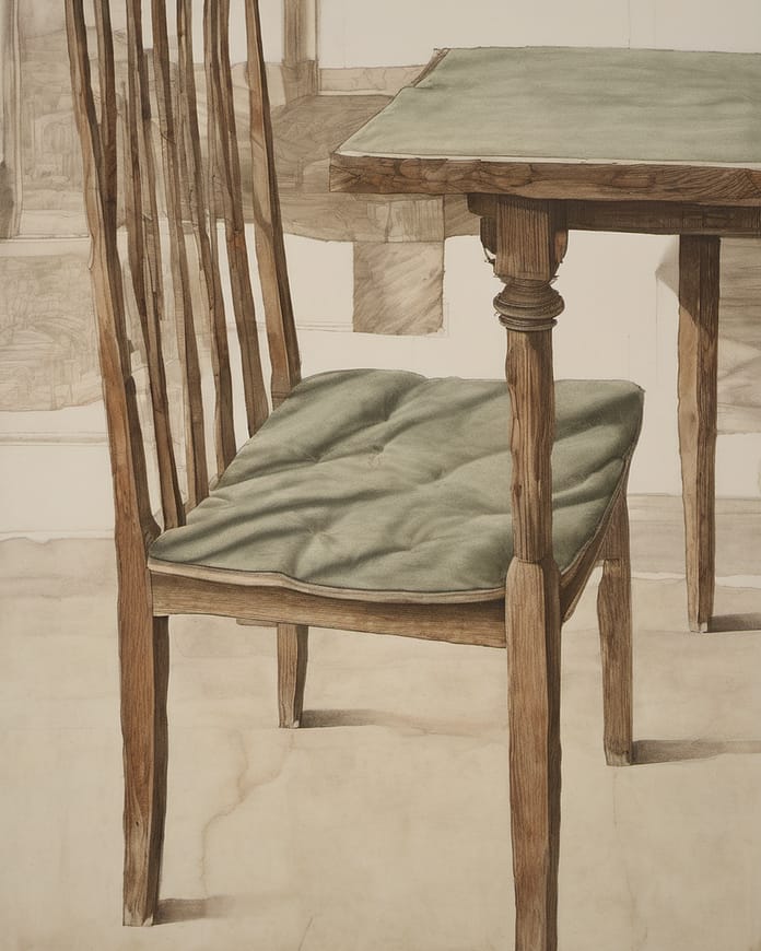 an empty wooden chair drawn back from a bare table an empty wooden chair drawn back from a bare table