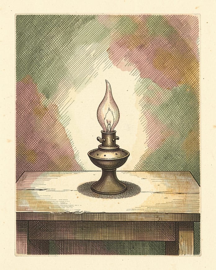 A single oil lamp standing steady on a bare table. A single oil lamp standing steady on a bare table.